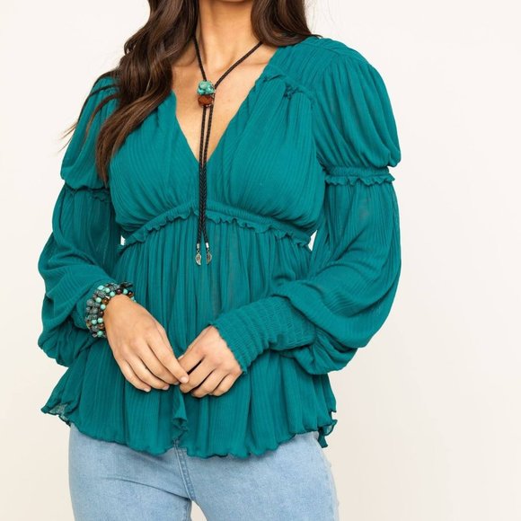 Free People Tops - Free People Day Dreaming Women's Shirt Size Small Teal Boho Cottagecore Prairie.